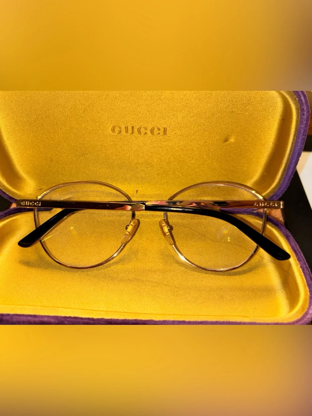Gucci Gold Round Metal Frame Glasses with Black Temples